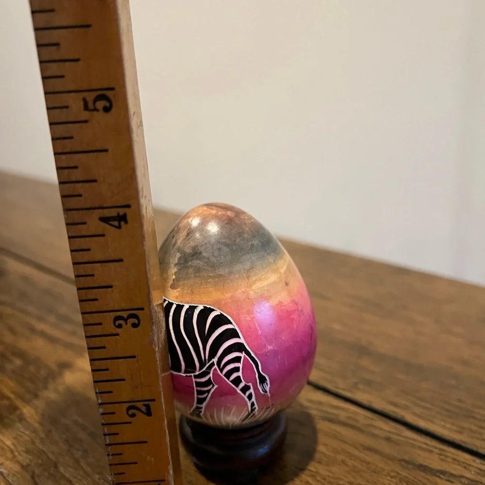 Hand Painted Soapstone Egg African Wildlife Mural Scene Zebra Trees